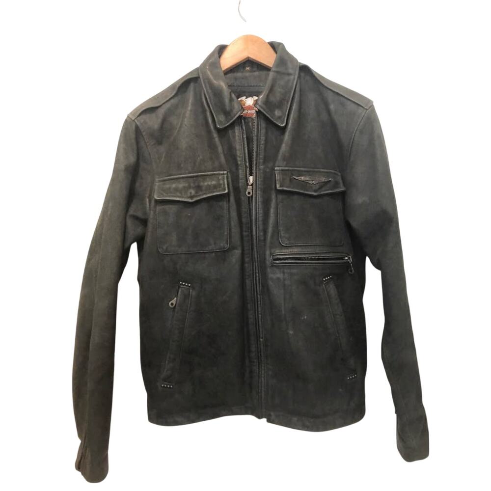 VTG HD Distressed Black Leather Moto Jacket - Men’s Medium